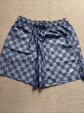 Nike Blue Checkerboard Swim Shorts with White Logo